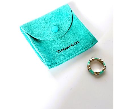 Tiffany silver and turquoise enamel ring with pouch. Size i
