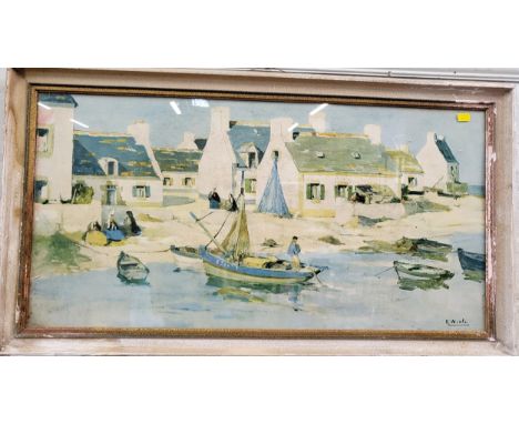 A fishing scene in Brittany, a print by Richard Wintz, framed and glazed. 50cm x 93cm. 