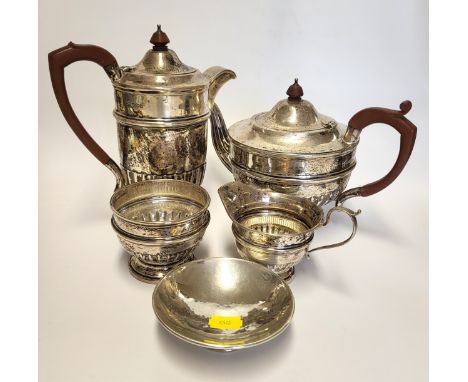 A silver tea pot, coffee pot, sugar bowl, and milk jug, with gadrooned detail, hallmarked Sheffield, together with a small si