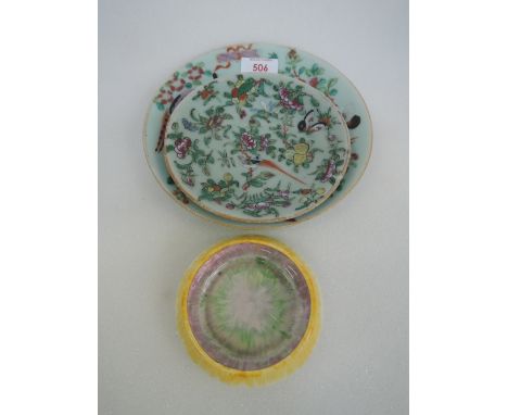 A Clarice Cliff Bizarre pin dish and two early 20th century Celedon plates having typical decoration