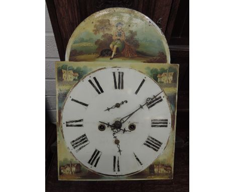 A late 18th century oak longcase clock having arch and finial hood containing painted dial with Scottish theme and 8 day move