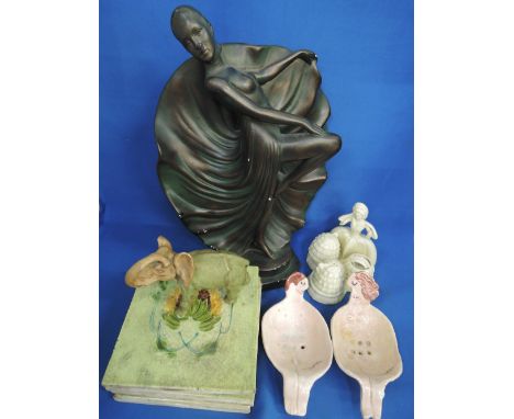 A 1930's Art Deco plaster figure modelled as a dancer, a Dux style elephant, a Carltonware cruet modelled as a crinoline lady