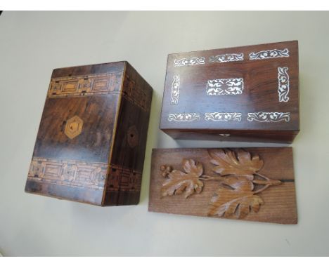A Victorian marquetry work sewing box, a Victorian rosewood sewing box having mother of pearl inlay and a carved treen panel