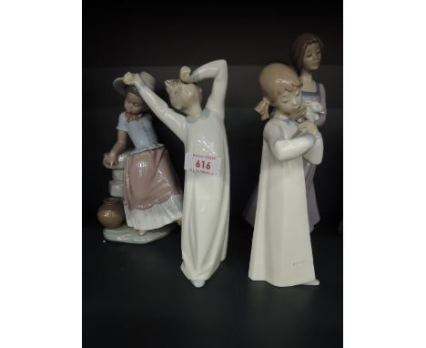 A Lladro figure modelled as girl with vase, two Lladro figures modelled as sleepy time girls, and a Nao figure modelled as gi