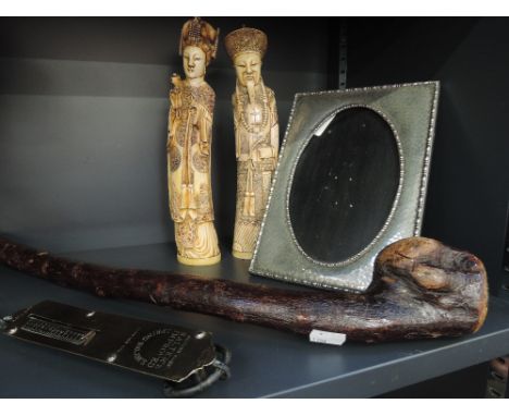 A pair of Chinese resin figures modelled as deities, a pewter frame, Salter spring balance and a treen shillelagh Irish stick