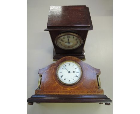 An Edwardian mahogany case mantel clock having swag and chequer inlay and a similar vintage mahogany case mantel clock by W &