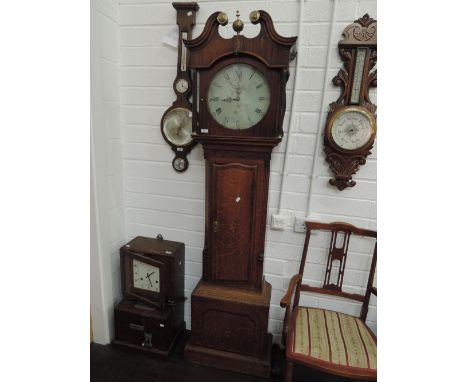 A late 18th century oak longcase clock having brass finial and boss swan neck over circular dial with 30 hour movement on inl