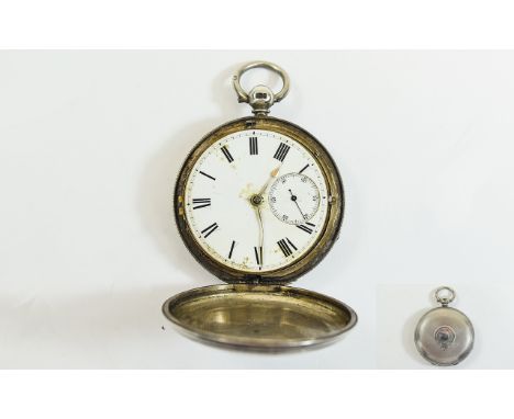 Gents Silver Hunter Pocket Watch 1867 White Enamel Face, Roman Numerals, Subsidiary Seconds, No Crystal, Fully Hallmarked Lon