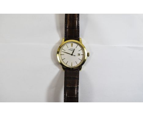 Rotary - Good Quality 18ct Gold Plated Stylish Datejust Gents Wrist Watch. No. GS02488 attached to original tan leather strap