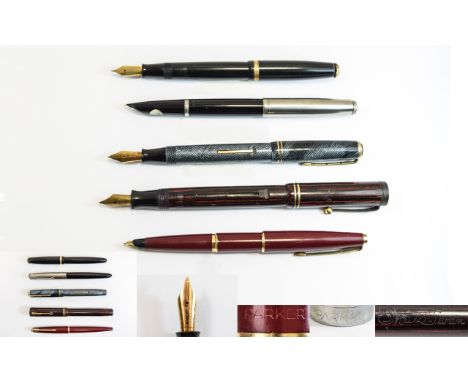 A Collection of Vintage Fountain Pens ( 5 ) In Total. Comprises 1/ Summit Lever Filled Fountain Pen, 14ct Gold Nib. 2/ Swan F