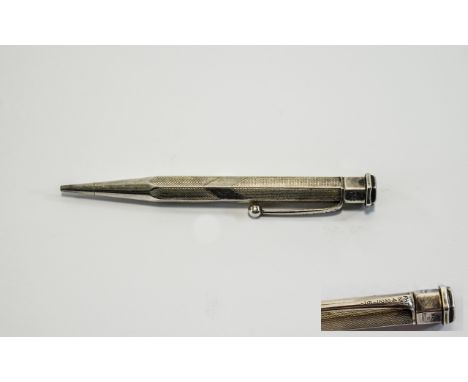 Art Deco Sterling Silver Propelling Pencil Hexagonal Form Engine Turned Body, Marked Yard O Lette, Sterling Silver PAT No. 42