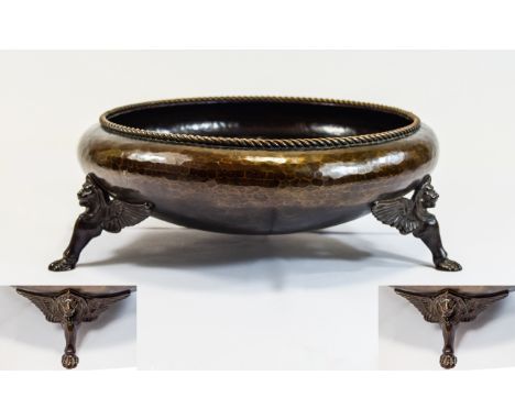 Antique and Impressive - Empire Period Planished / Hammered Bronze Bowl with Twisted Rope Borders and Raised on Lion Mask Win