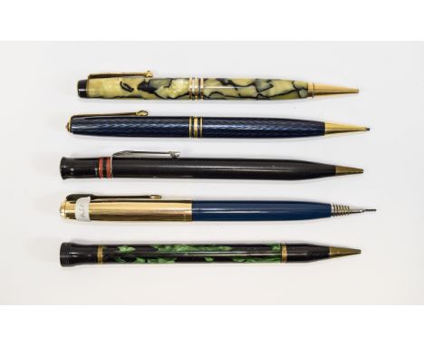 A Good Collection of Vintage Propelling Pencil Pens ( 5 ) In Total. Comprises 1/ Swan Black Hard Rubber Cased Pen. 2/ Parker 