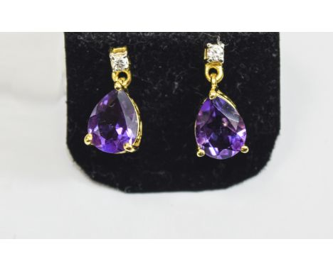 Amethyst and White Zircon Drop Earrings, 2cts of pear cut amethysts set below natural white zircons in 14ct gold vermeil and 