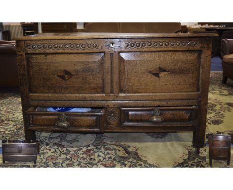 18thC Carved Oak Large Mule Chest/Coffer,  George II 48 inches wide, 19 inches deep and 28 inches high. (some modifications t