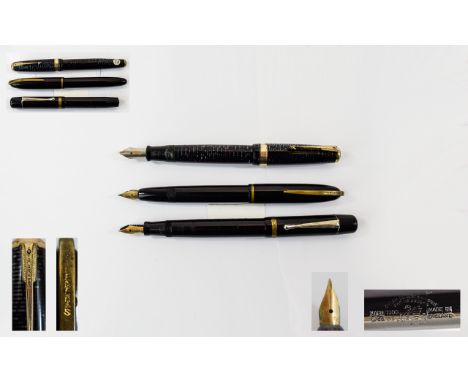 3 Vintage Pens, Comprising 1/ Parker - Early Vacumatic Fountain Pen, 14 ct Gold Nib, Jeweled End. c.1940's. 2/ Watermans - Ea