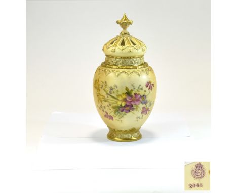 Royal Worcester Hand Painted - Blush Ivory Persian Style Lidded Floral Vase. Date 1908 ' Spring Flowers ' Stillife with Gold 