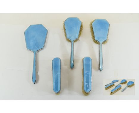 Art Deco Blue Guilloche Enamel Dressing Table SetComprising 2 Handled Brushes, One Mirror And 2 Brushes, Stamped Made In Engl