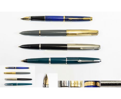A Collection of Vintage Parker Fountain Pens ( 4 ) In Total. Comprises 1/ Parker 51 Fountain Pen, 14ct Gold Nib. c.1950's. 2/