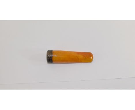 Antique Silver Set Amber Cigarette Holder. Silver banding marked 'WHC' and engraved with leaf and scroll detail. Housed in or