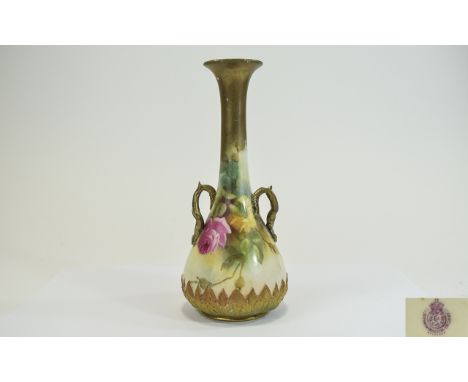 Royal Worcester Hand Painted Twin Handled Specimen Vase ' Roses ' Stillife, Date 1911. Unsigned. 7 Inches Tall. 