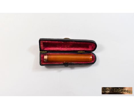 Antique 9ct Gold Set Amber Cigarette Holder. Elegant opaque amber cigarette holder with gold banding, housed in original blac