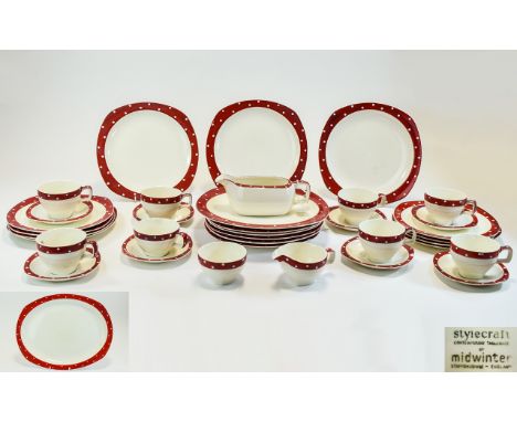 Red Domino Midwinter ( 28 ) Pieces Stylecraft Shape 1950's Designed by Jessie Tait, Comprises 6 Dinner Plates, 6 Desert Plate