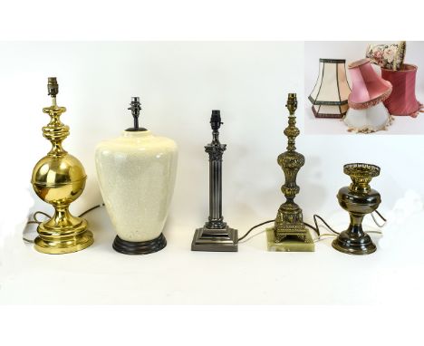 Collection of Standard Lamps Together with six shades of various size and design. One Ceramic crackle glazed base, two globul