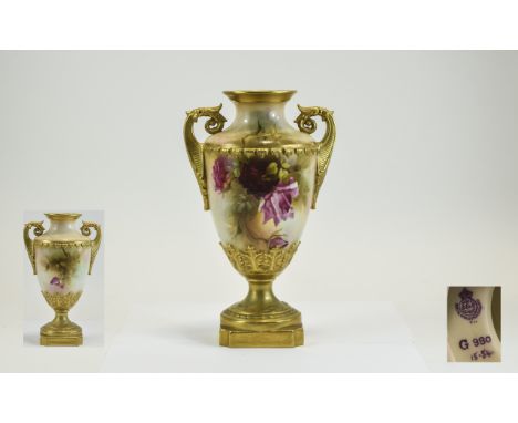 Royal Worcester Hand Painted and Signed Twin Handle Urn - Shaped Vase ' Roses ' Stillife. Signed J. Llewellyn.  Shape 9980, D