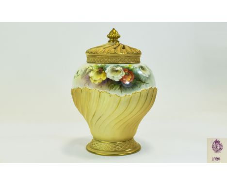 Royal Worcester - Signed and Hand Painted Blush Ivory and Porcelain Pot Pouri, Floral ' Stillife ' Signed H. Cole, Date 1910,