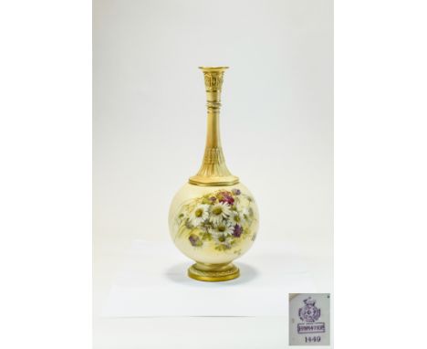 Royal Worcester Hand Painted Blush Ivory Globular Shaped Tall Vase ' Daisy's ' Spring Flowers Design. c.1890. Classical Shape