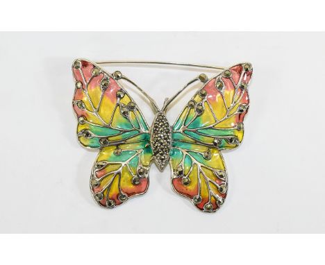 Large Silver Butterfly Enamel Brooch. Pretty brooch with red, yellow and green transparent enamel wings and central marcasite