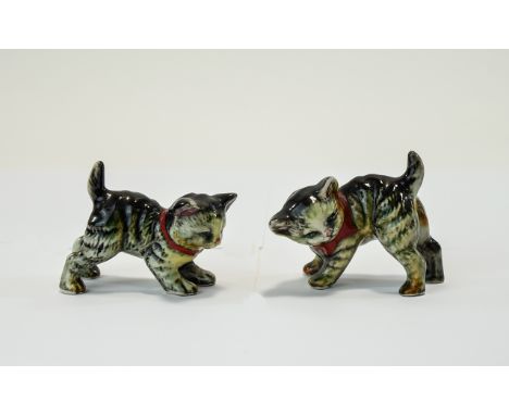 A Vintage Pair of Playful Kittens - Figures In Porcelain, Wearing Red Bow Ties. Marks Rubbed to Underside. 2.75 Inches High. 