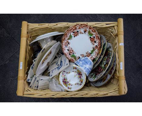 Box of Assorted China including part teasets, ceramic tiles, German cabinet plates, glass paperweights. two silver topped vas