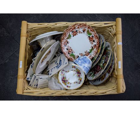 Box of Assorted China including part teasets, ceramic tiles, German cabinet plates, glass paperweights. two silver topped vas