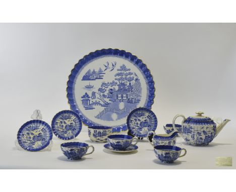 19thC Spode Mandarin Blue And White Tea Service 4 Cups & Saucers, Teapot Cream, Sugar And Tray, Fluted Design, Some damage, 1