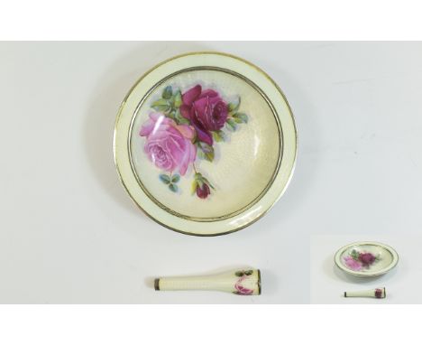 Silver Cream & Floral Guilloche Enamel Ashtray & Cheroot Holder.Stamped Sterling 935 To Base,Cream Guilloche Enamel With Rose