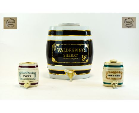 Royal Victoria Wade Pottery Pair of Ceramic Barrels / Decanters For Sherry and Port, Complete with Taps, Marked W & A Gilbey.