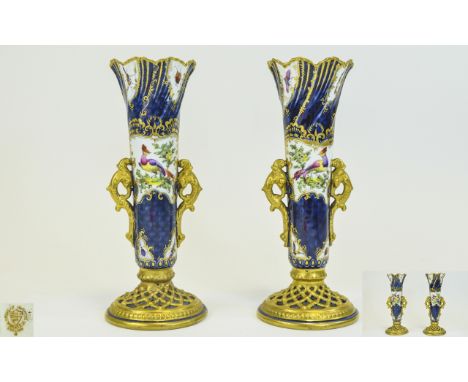 China Works - Worcester Hand Painted Quality Pair of Twin Handle Reticulated Vases. c.1880;s. Decorated with Painted Images o