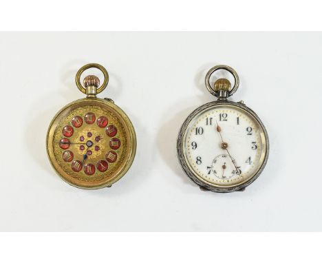 2 Ladies Pocket Watches One Silver With White Enamel Face, Gilt Decoration And Subsidiary Seconds, Stamped 925 Import Mark Lo