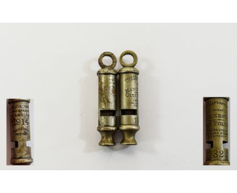 Police Whistles Two vintage metal whistles. The first marked 'J.Hudson & Co 244 Barr St Birmingham 1914. The second marked 'T