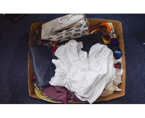Box of Miscellaneous comprising pottery, textiles, woodenware, unopened Lady Diana commemorative whiskey decanter, Italian fi