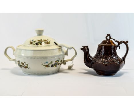 Large Royal Cauldon Paradise Pattern Tureen, Cover And Ladle Together With A Treacle Glaze Double Spout Teapot 