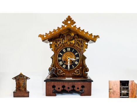 Late 19th Early 20thC German Cuckoo Mantle Clock, Spring Driven Movement, Bellows In Need Of attention,. Height 19 Inches