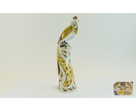 Minton Ceramic - Porcelain Peacock Bird Figure. c.1993 Flights of Fantasy ' Jalu ' MN 5. Designer John Ablitt. 12.75 Inches T