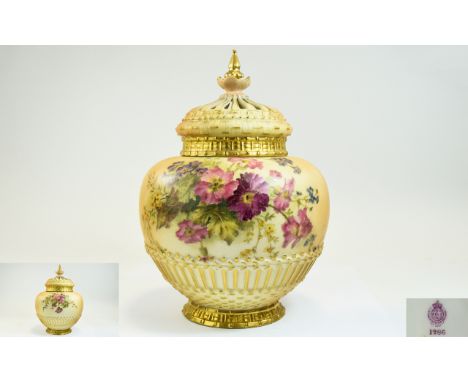 Royal Worcester Hand Painted Reticulated Blush Ivory Large Pot Pouri with Painted Gold Highlights ' Spring Flowers ' Date 191