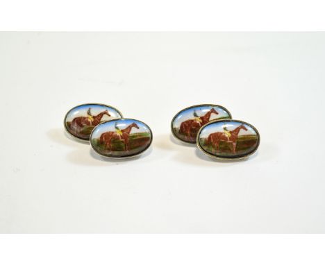 Silver Enamel Racing Cufflinks. Attractive oval double cufflinks with silver chain depicting painted, enamelled jockey on hor