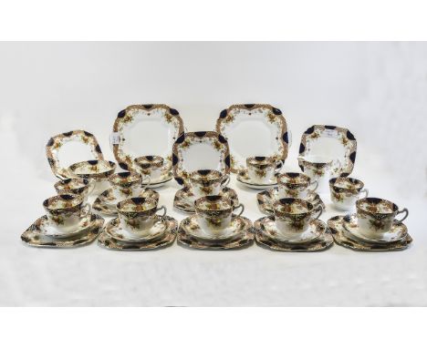 Staffordshire Tea Service J H Cope & Co, Floral Decorated, With Cobalt Blue And Gilt Edge,40 Pieces Comprising 12 Cups, Sauce