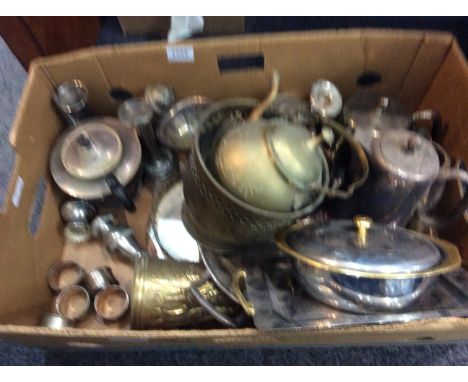 Box Of Silver Plated & Brass Ware, Comprising Tea Service, Trays, Napkin Rings etc