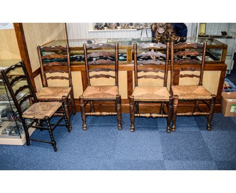 4 Yorkshire Rush Seat Ladder Back Chairs together with 2 matching footstools, and a smaller similar ladder back chair..